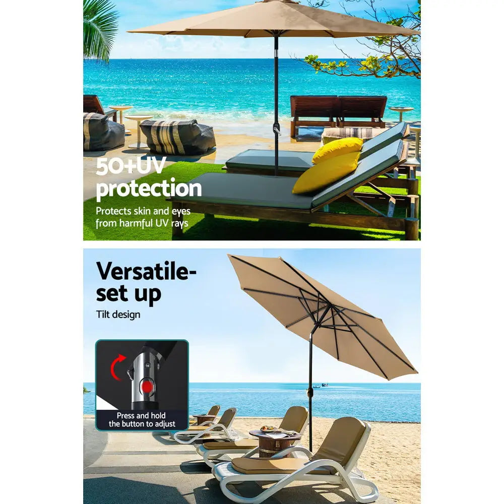 Instahut 3m Outdoor Umbrella w/Base Pole Tilt Beach Garden Patio Beige - Home & Garden > Shading > Umbrellas & Sunshades