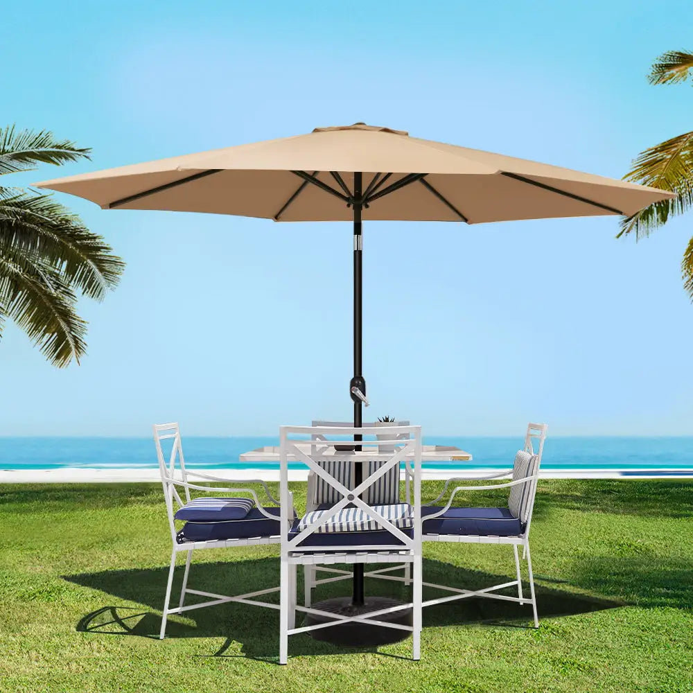 Instahut 3m Outdoor Umbrella w/Base Pole Tilt Beach Garden Patio Beige - Home & Garden > Shading > Umbrellas & Sunshades