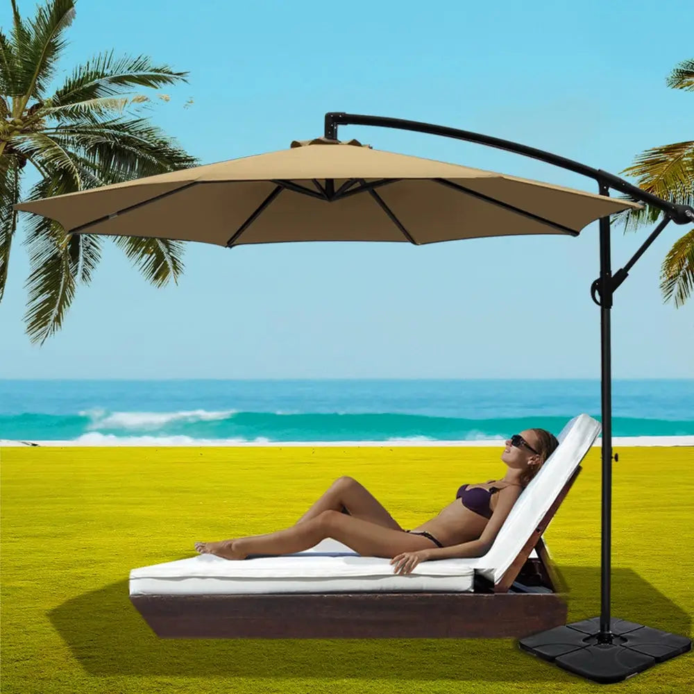 Instahut 3m Umbrella w/Base Outdoor Cantilever Beach Garden Patio Parasol Beige - Home & Garden > Shading > Umbrellas &
