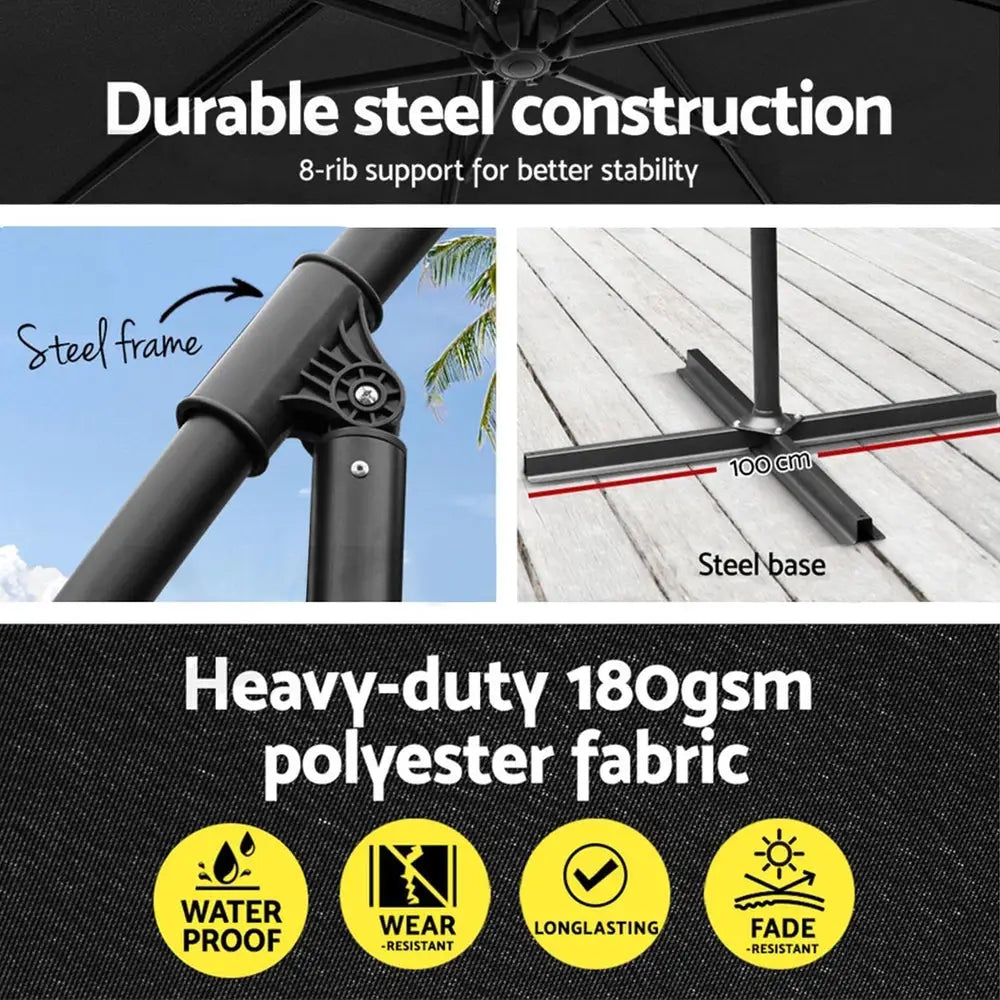 Instahut 3m Umbrella w/Base Outdoor Cantilever Beach Garden Patio Parasol Black - Home & Garden > Shading > Umbrellas &