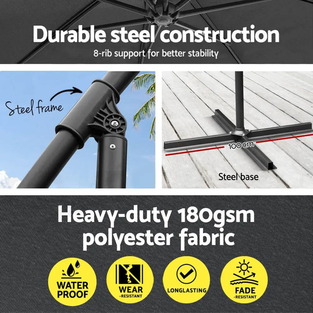 Instahut 3m Umbrella w/Base Outdoor Cantilever Beach Garden Patio Parasol Charcoal - Home & Garden > Shading >