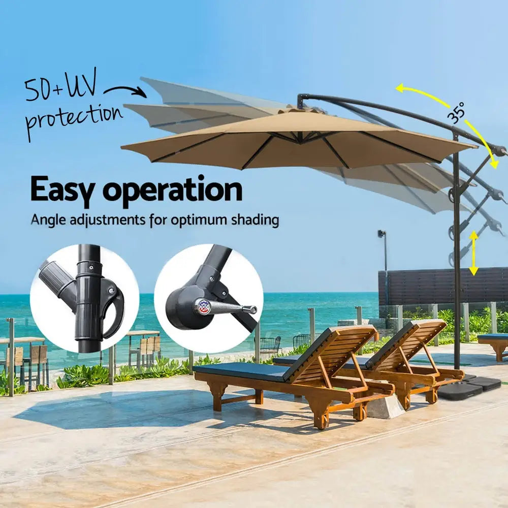 Instahut 3m Umbrella w/Base Outdoor Cantilever Beach Garden Patio Parasol Beige - Home & Garden > Shading > Umbrellas &