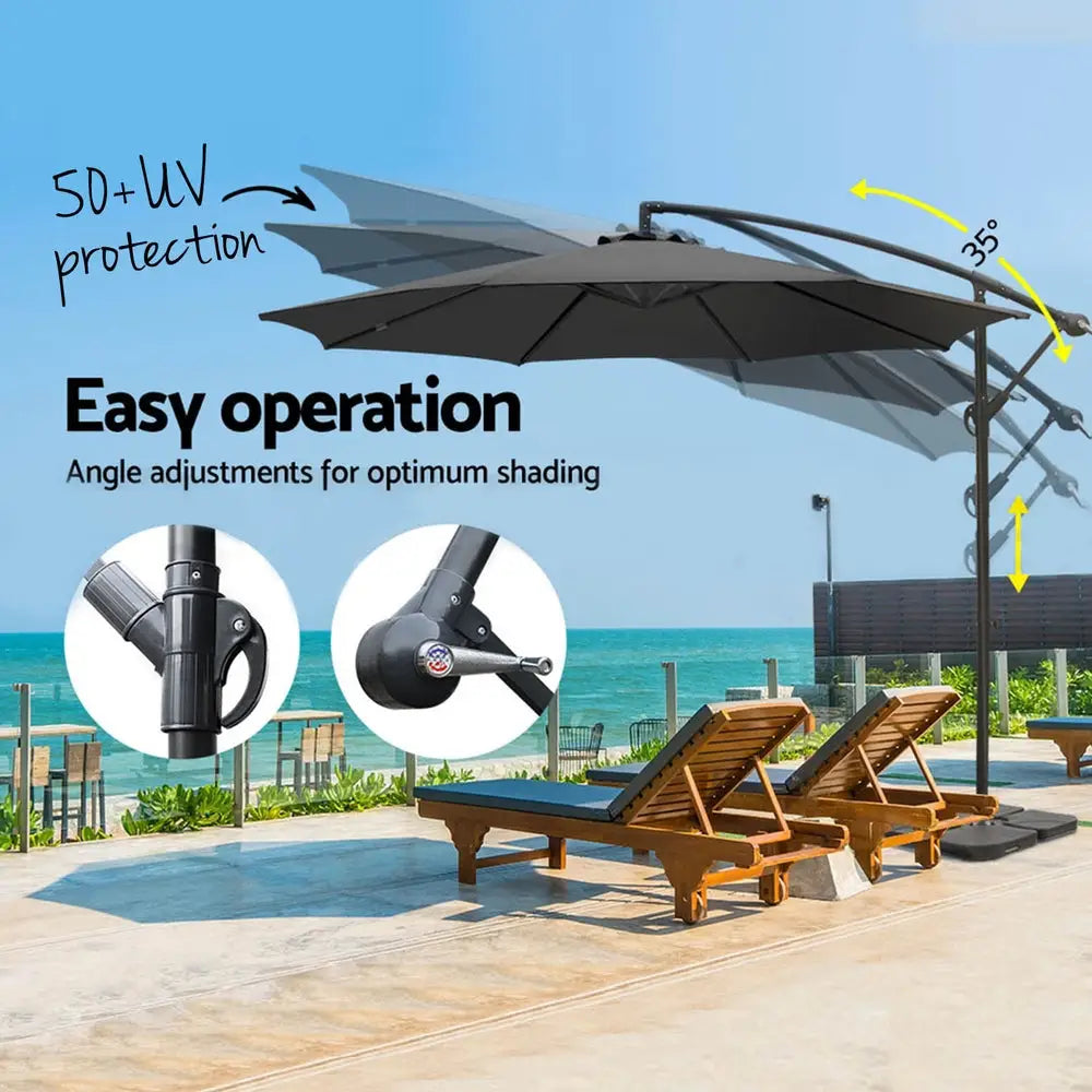 Instahut 3m Umbrella w/Base Outdoor Cantilever Beach Garden Patio Parasol Charcoal - Home & Garden > Shading >