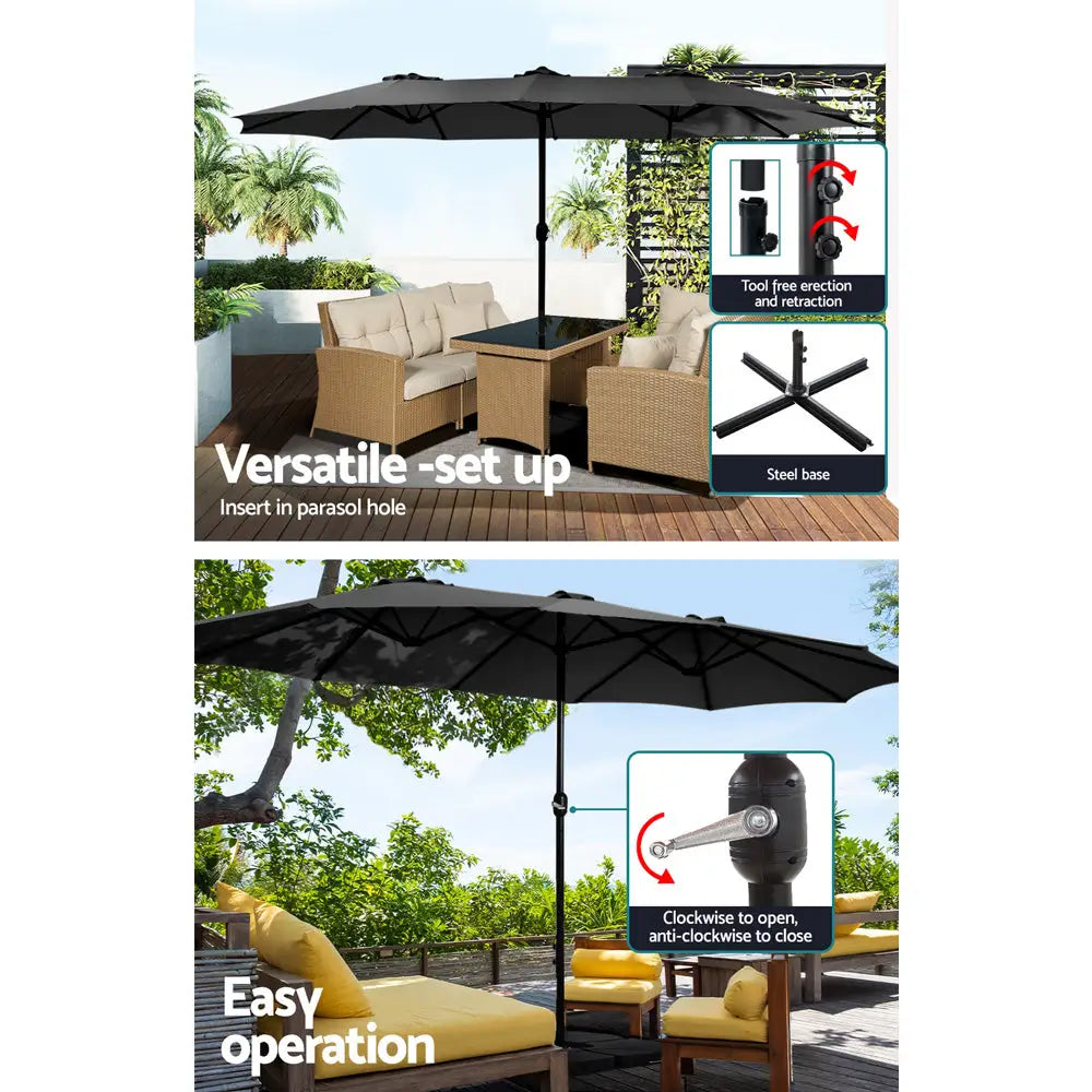 Instahut 4.57m Outdoor Umbrella w/Base Stand Beach Pole Garden Tilt Black - Home & Garden > Shading > Umbrellas &