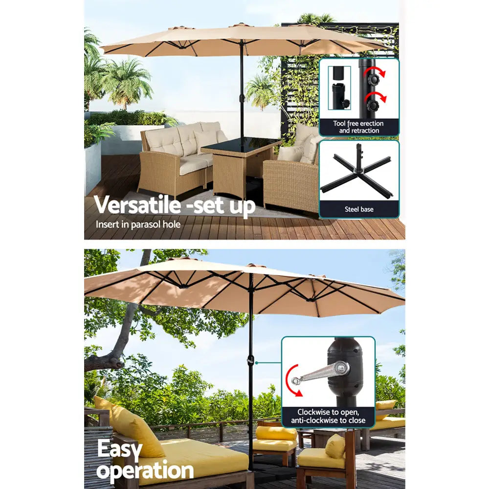 Instahut 4.57m Outdoor Umbrella w/Base Stand Beach Pole Garden Tilt Beige - Home & Garden > Shading > Umbrellas &