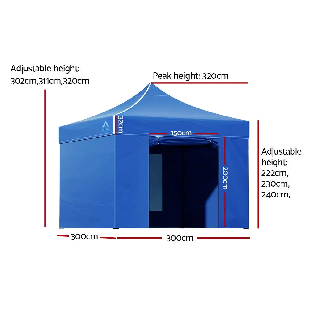 Instahut Gazebo 3x3 Pop Up Marquee Folding Tent Wedding Gazebos Camping Outdoor Shade Canopy Blue - Home & Garden >