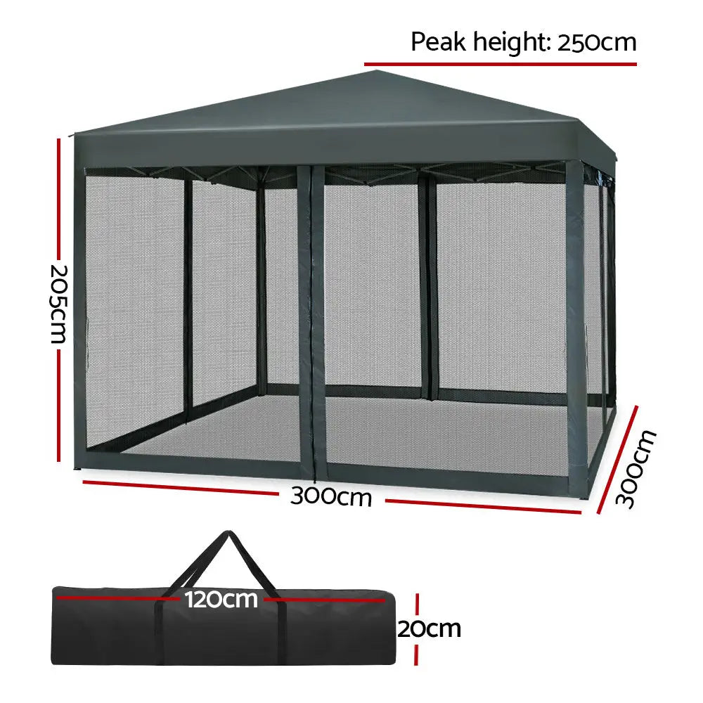 Instahut Gazebo Pop Up Marquee 3x3m Wedding Party Outdoor Camping Tent Canopy Shade Mesh Wall Grey - Home & Garden >