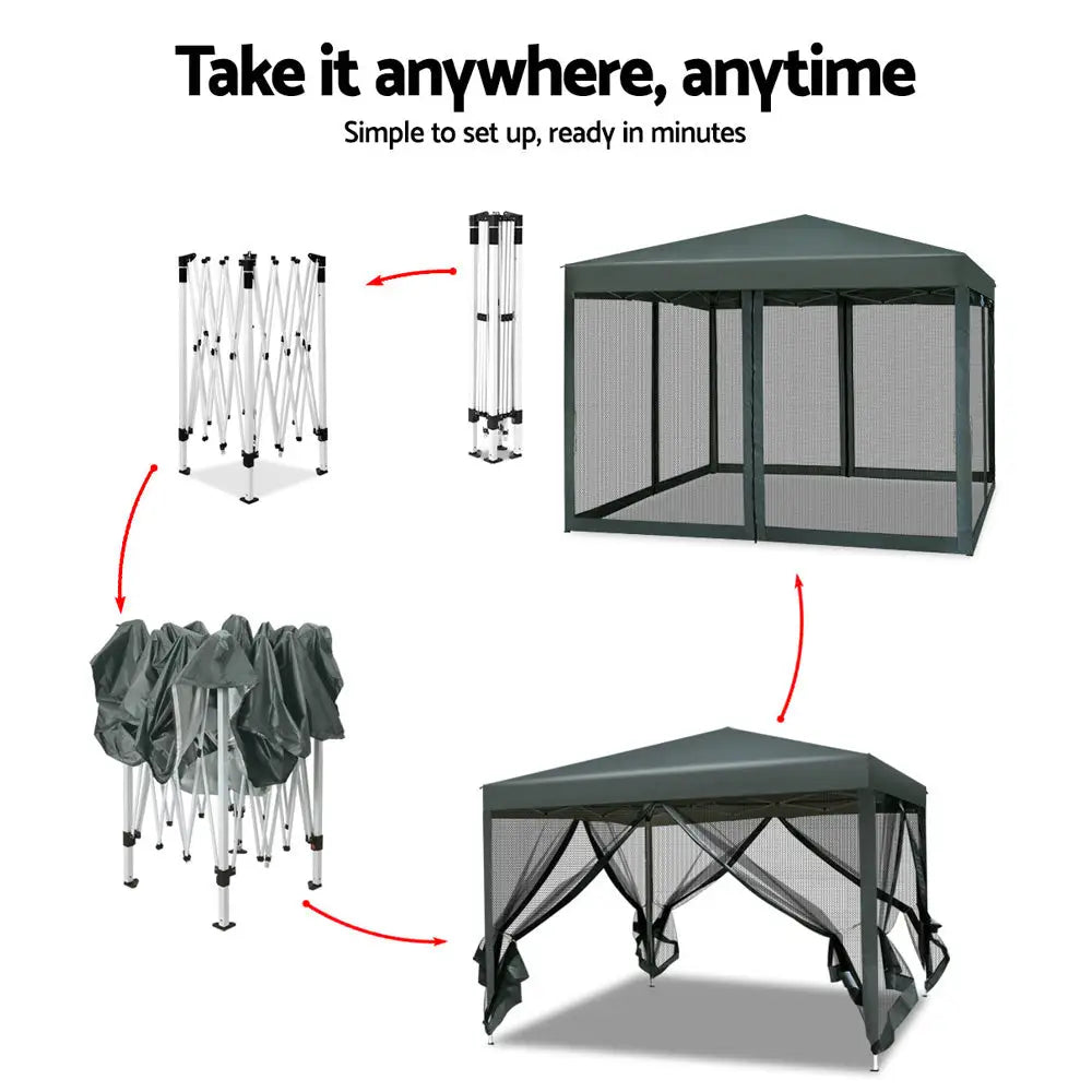 Instahut Gazebo Pop Up Marquee 3x3m Wedding Party Outdoor Camping Tent Canopy Shade Mesh Wall Grey - Home & Garden >