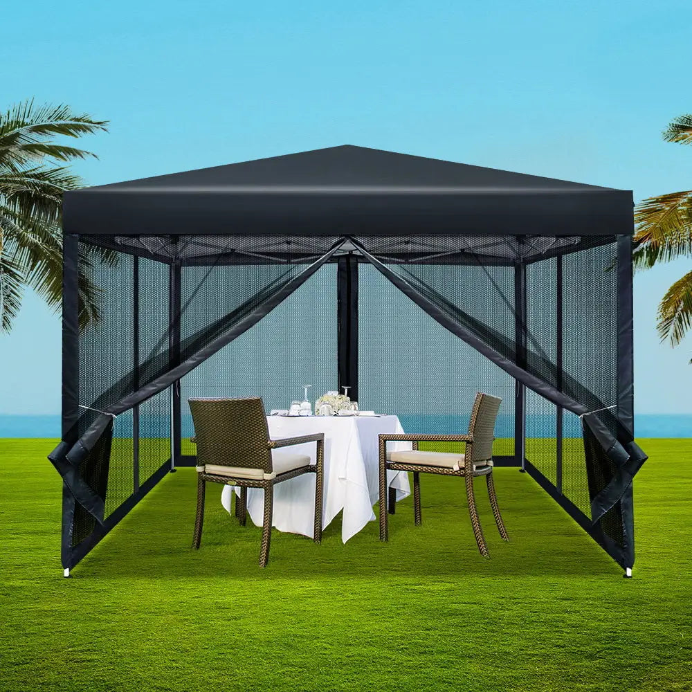Instahut Gazebo Pop Up Marquee 3x3m Wedding Party Outdoor Camping Tent Canopy Shade Mesh Wall Black - Home & Garden >