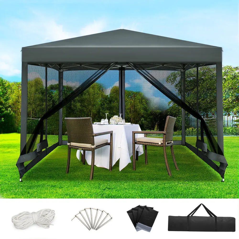Instahut Gazebo Pop Up Marquee 3x3m Wedding Party Outdoor Camping Tent Canopy Shade Mesh Wall Grey - Home & Garden >