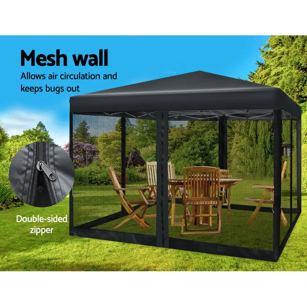 Instahut Gazebo Pop Up Marquee 3x3m Wedding Party Outdoor Camping Tent Canopy Shade Mesh Wall Black - Home & Garden >