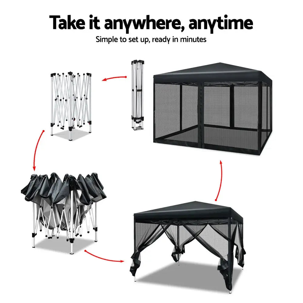 Instahut Gazebo Pop Up Marquee 3x3m Wedding Party Outdoor Camping Tent Canopy Shade Mesh Wall Black - Home & Garden >
