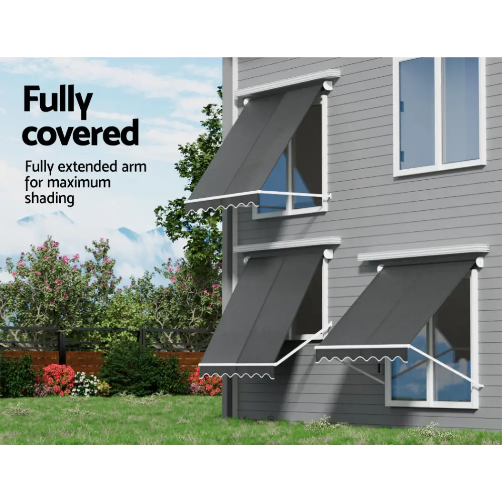 Instahut Retractable Fixed Pivot Arm Window Awning Outdoor Blinds 2.1X2.1M Grey - Home & Garden > Shading