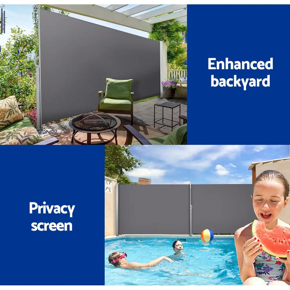 Instahut Side Awning Sun Shade Outdoor Blinds Retractable Screen 1.4X3M GR - Home & Garden > Shading