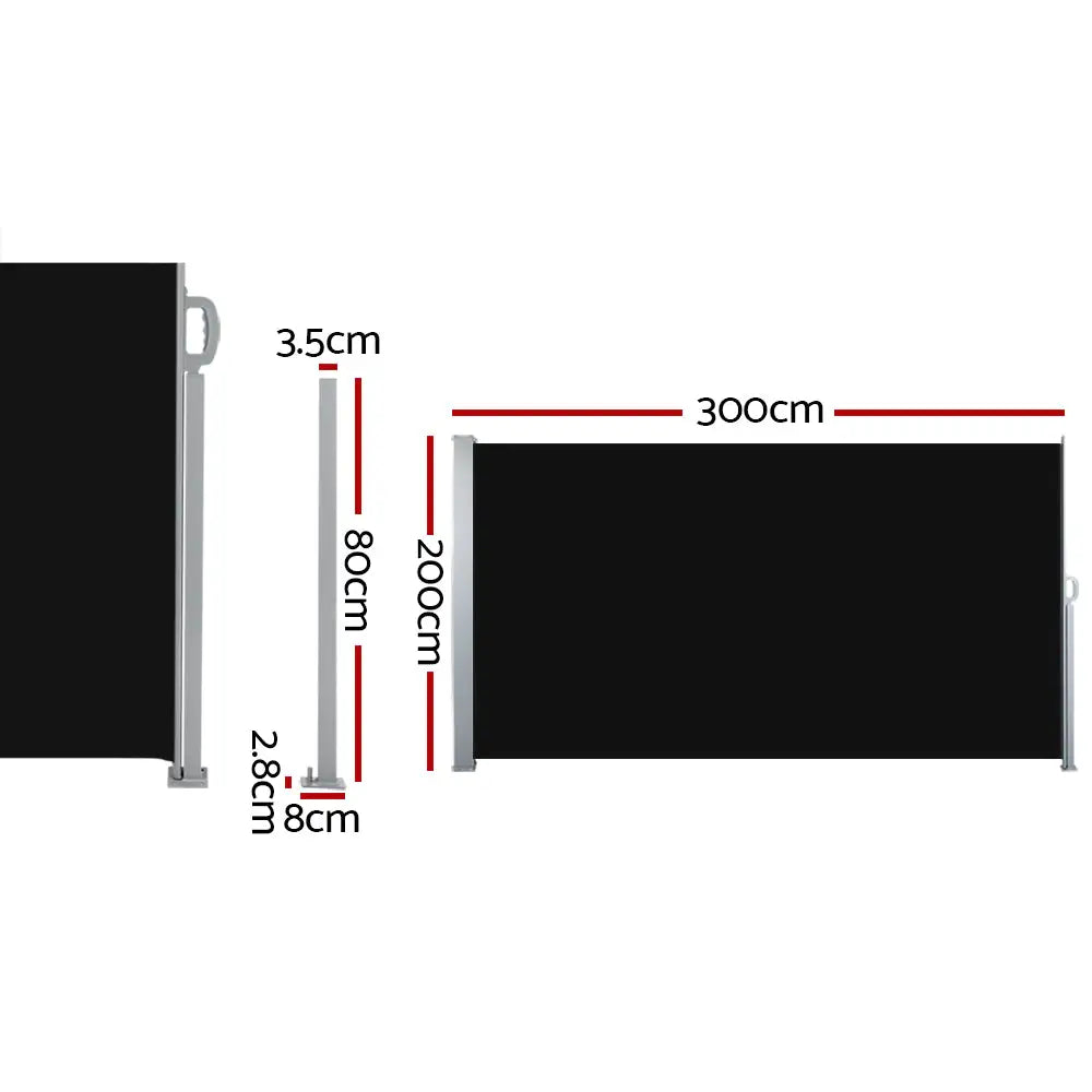 Instahut Side Awning Sun Shade Outdoor Retractable Privacy Screen 2X3M Black - Home & Garden > Shading