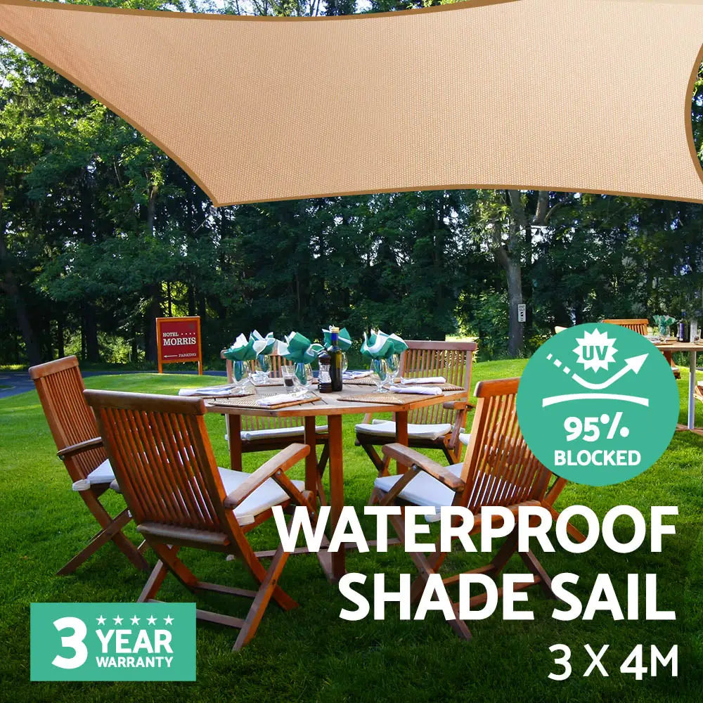 Instahut Waterproof Shade Sail 3x4m Rectangle Sand 95% Shade Cloth - Home & Garden > Shading