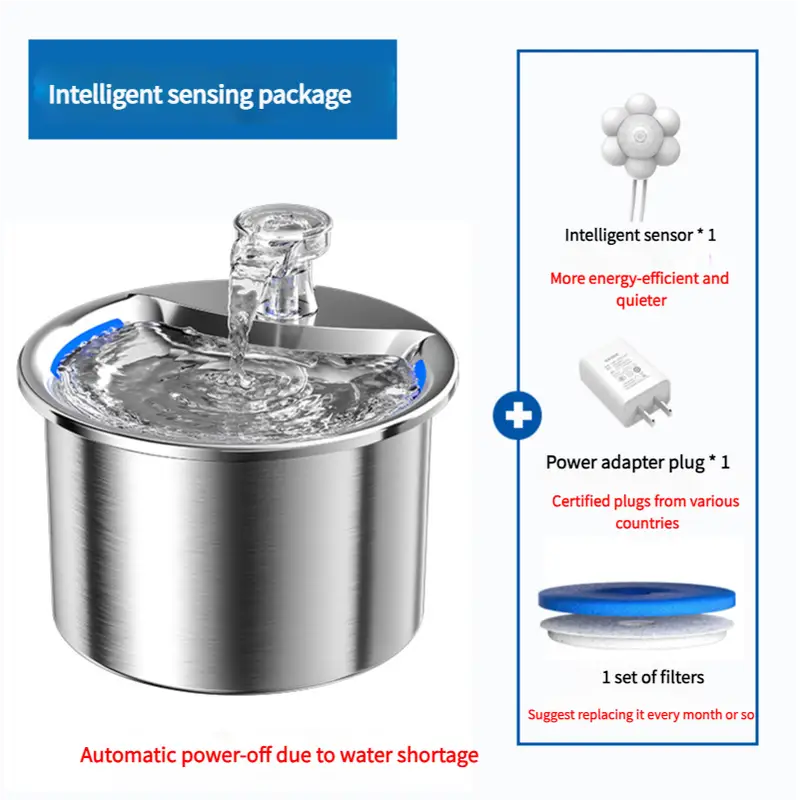 Intelligent Stainless Steel Pet Water Fountain with Smart Sensor USB Plug and Auto Power-Off Function - Pet Care > Cat