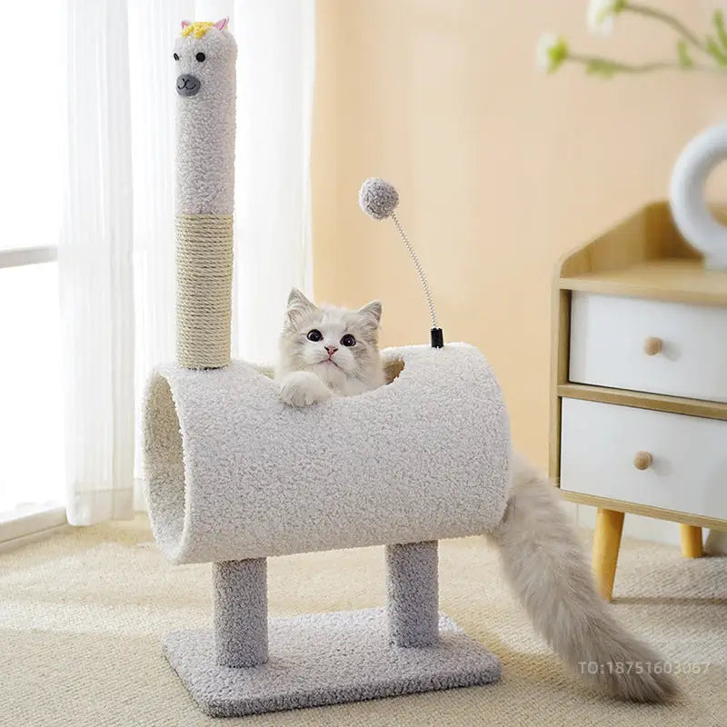 Interactive Cat Tunnel & Scratching Post with Spring Toy - Cozy Playtime for Kittens white 35*23*71cm - Pet Care > Cat