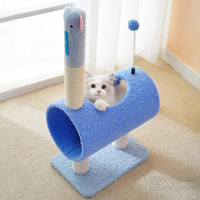 Interactive Cat Tunnel & Scratching Post with Spring Toy - Cozy Playtime for Kittens Blue - Pet Care > Cat Supplies >
