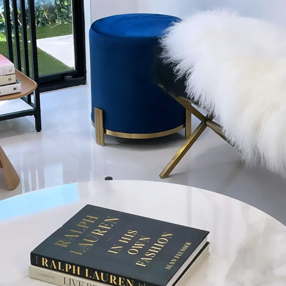 Interior Ave - Apollo Velvet Ottoman - Blue - Furniture > Bar Stools & Chairs > Arm Chairs & Recliners