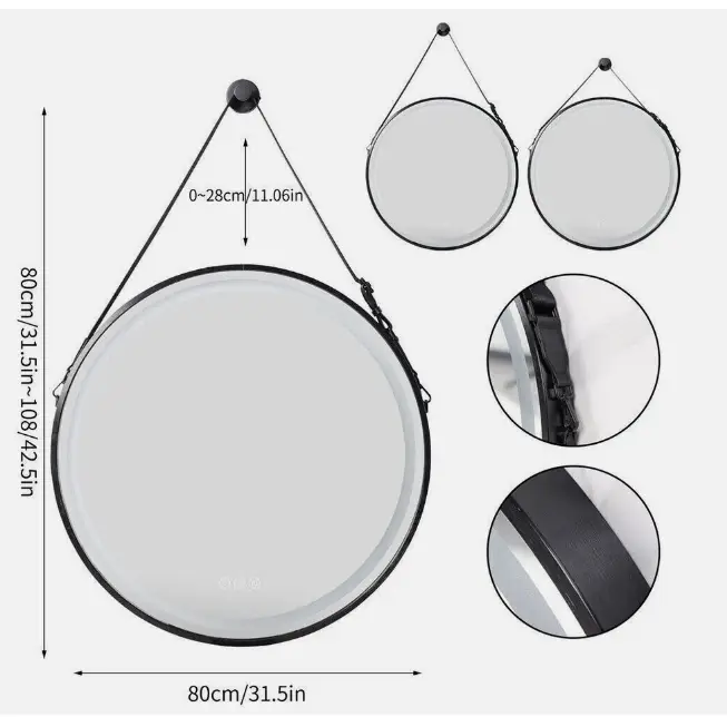 Interior Ave - LED Round Hanging Salon / Bathroom Wall Mirror - Black - 80cm - Home & Garden > Decor > Mirrors