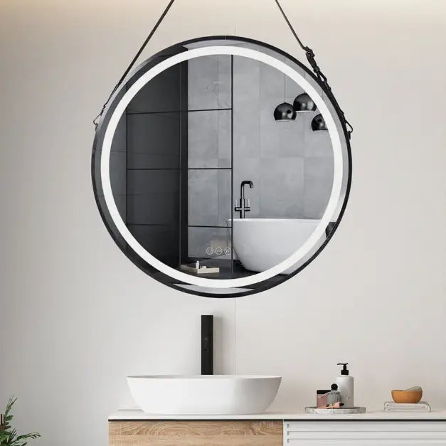 Interior Ave - LED Round Hanging Salon / Bathroom Wall Mirror - Black - 80cm - Home & Garden > Decor > Mirrors