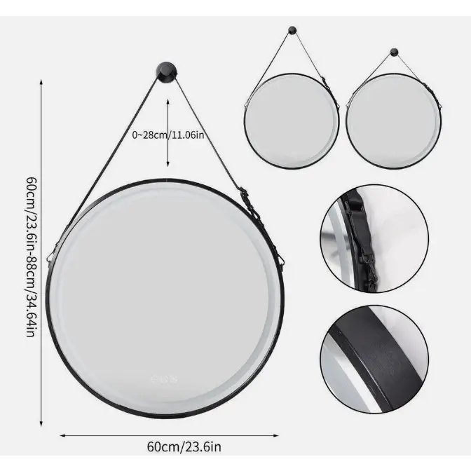 Interior Ave - LED Round Hanging Salon / Bathroom Wall Mirror - Black - 60cm - Home & Garden > Decor > Mirrors