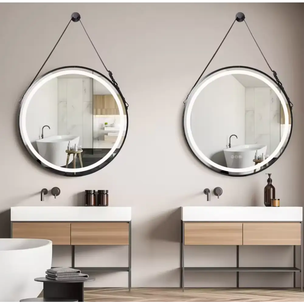 Interior Ave - LED Round Hanging Salon / Bathroom Wall Mirror - Black - 60cm - Home & Garden > Decor > Mirrors