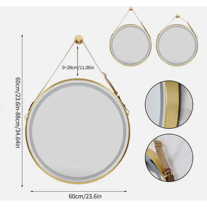 Interior Ave - LED Round Hanging Salon / Bathroom Wall Mirror - Gold - 60cm - Home & Garden > Decor > Mirrors