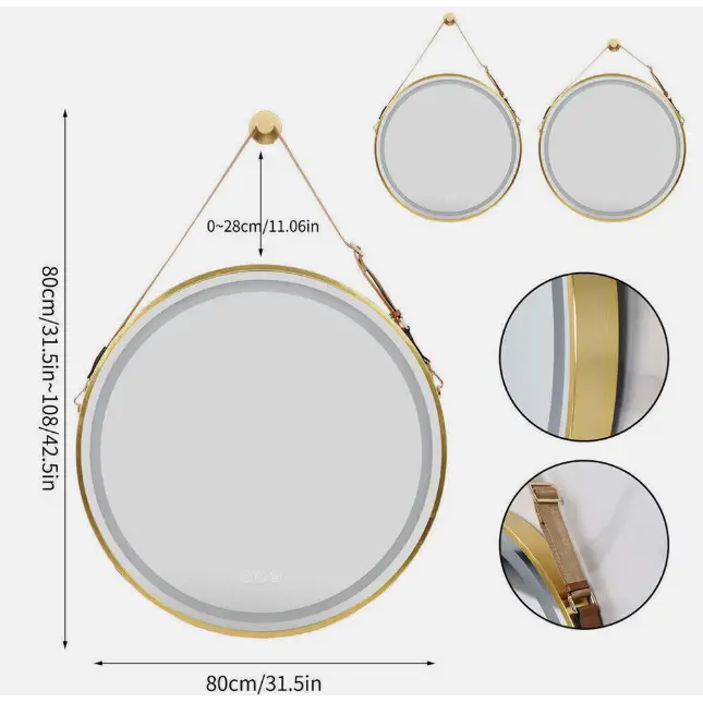 Interior Ave - LED Round Hanging Salon / Bathroom Wall Mirror - Gold - 80cm - Home & Garden > Decor > Mirrors