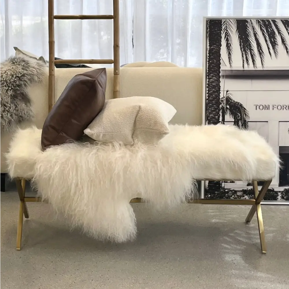 Interior Ave - Oxley Fur Bench - White & Gold - Furniture > Bedroom > Dressing Vanity & Dressing Tables