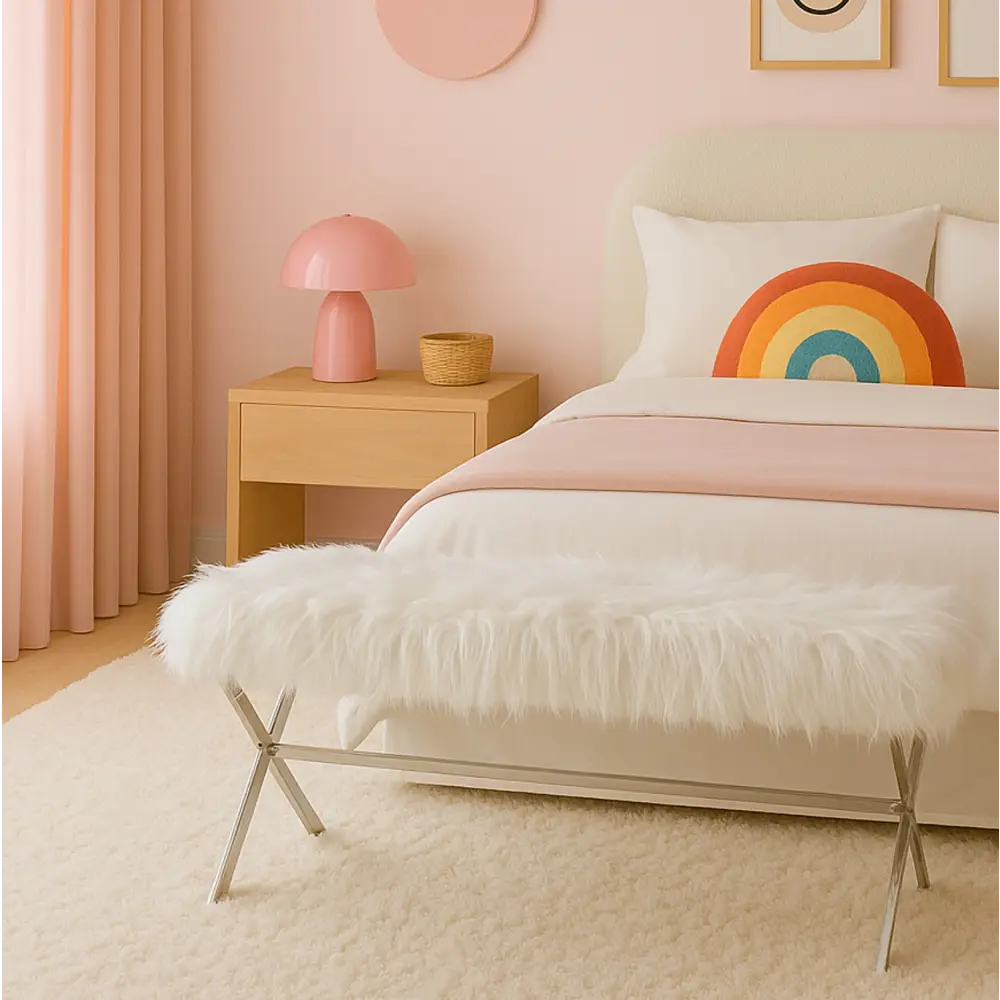 Interior Ave - Oxley Fur Bench - White & Gold - Furniture > Bedroom > Dressing Vanity & Dressing Tables