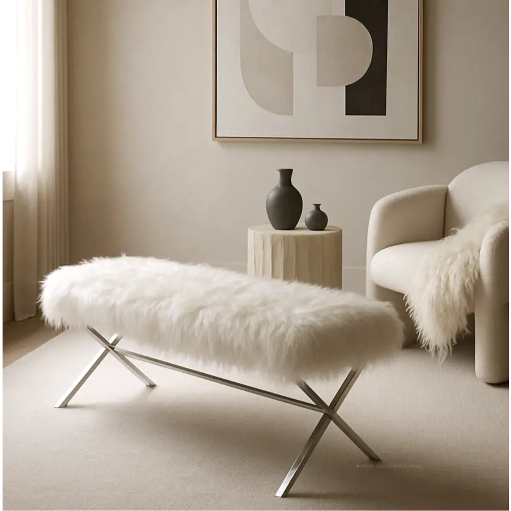 Interior Ave - Oxley Fur Bench - White & Gold - Furniture > Bedroom > Dressing Vanity & Dressing Tables