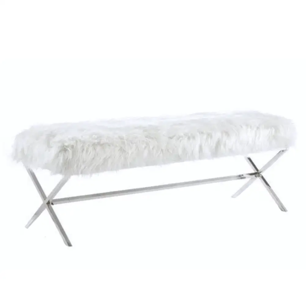 Interior Ave - Oxley Fur Bench - White & Silver - Furniture > Bedroom > Dressing Vanity & Dressing Tables