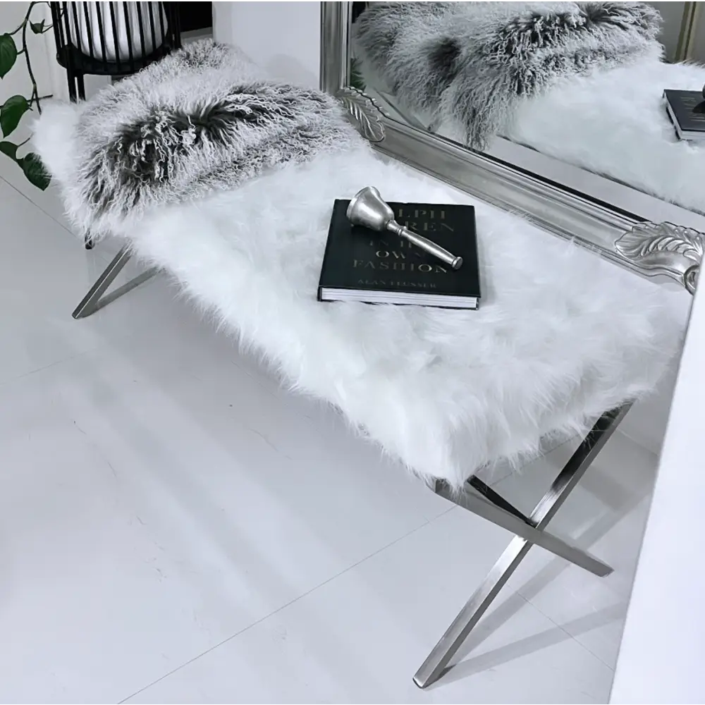 Interior Ave - Oxley Fur Bench - White & Silver - Furniture > Bedroom > Dressing Vanity & Dressing Tables