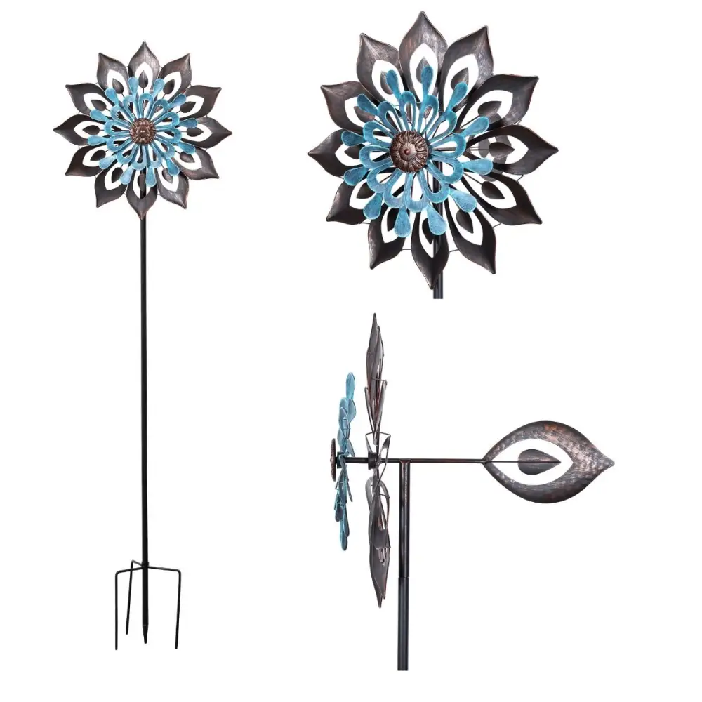 Metallic Iris Flower Wind Spinner featuring black and blue petals, ideal for outdoor decor