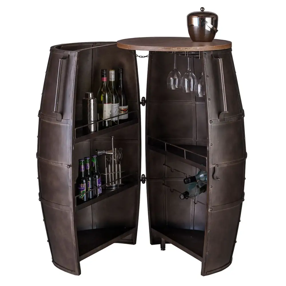 Iron Barrel Shaped Wine Rack Bar with Wheels - Furniture > Living Room