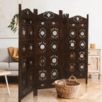 Iron Jali 4 Panel Room Divider Screen Privacy Shoji Timber Wood Stand - Burnt - Furniture > Bedroom > Room Dividers