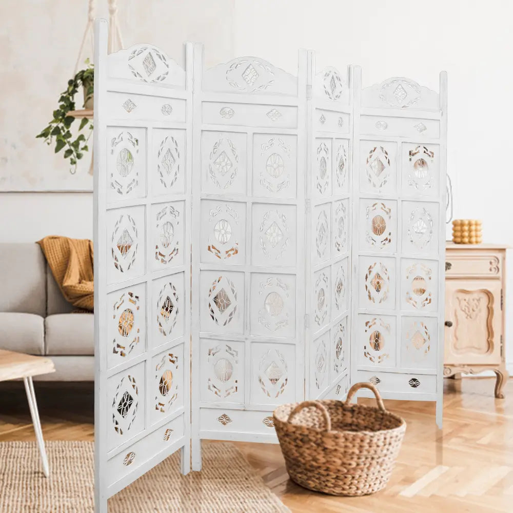 Iron Jali 4 Panel Room Divider Screen Privacy Shoji Timber Wood Stand - White - Furniture > Living Room