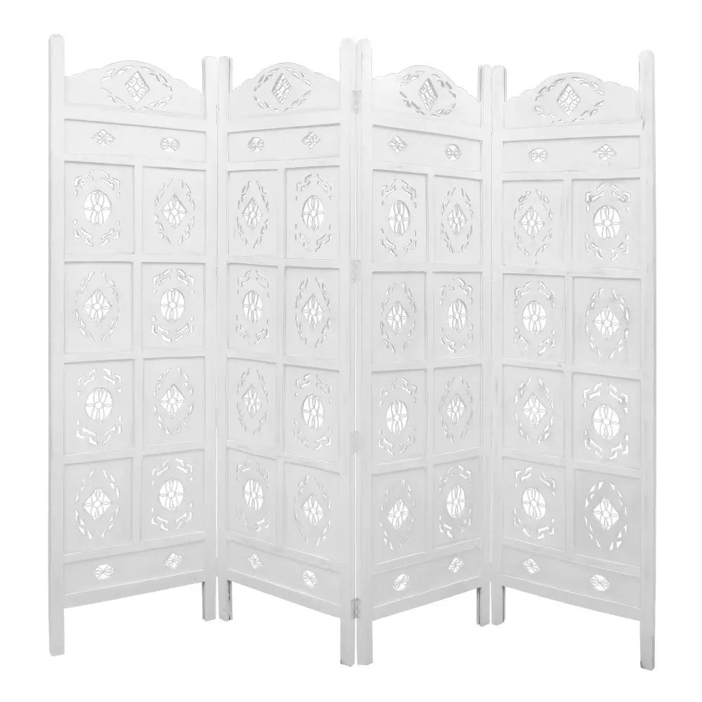 Iron Jali 4 Panel Room Divider Screen Privacy Shoji Timber Wood Stand - White - Furniture > Living Room