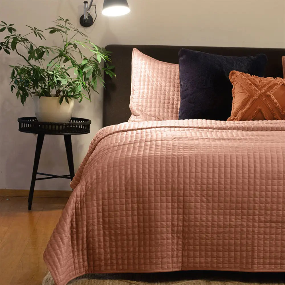 J.Elliot Home Adela Clay Pink Velvet Quilted Coverlet Set Queen/King - Home & Garden > Bedding