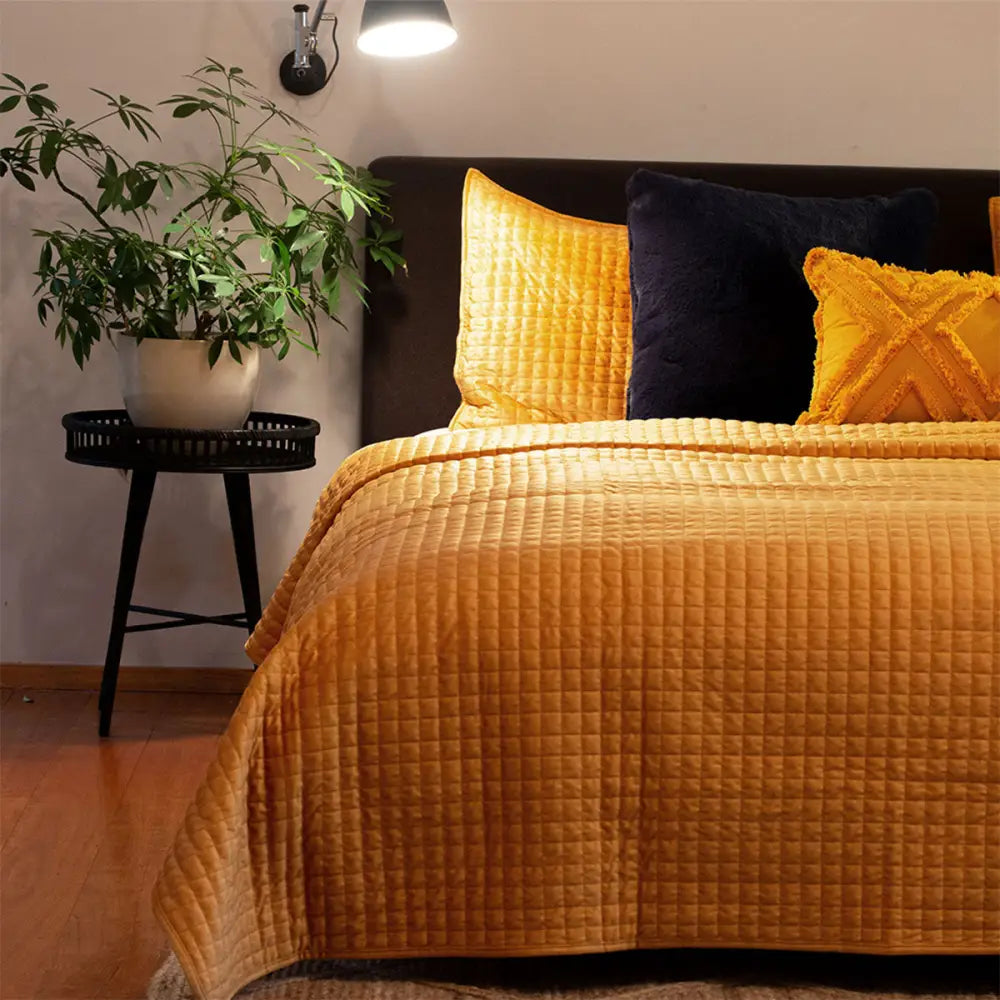 J.Elliot Home Adela Mustard Velvet Quilted Coverlet Set Queen/King - Home & Garden > Bedding