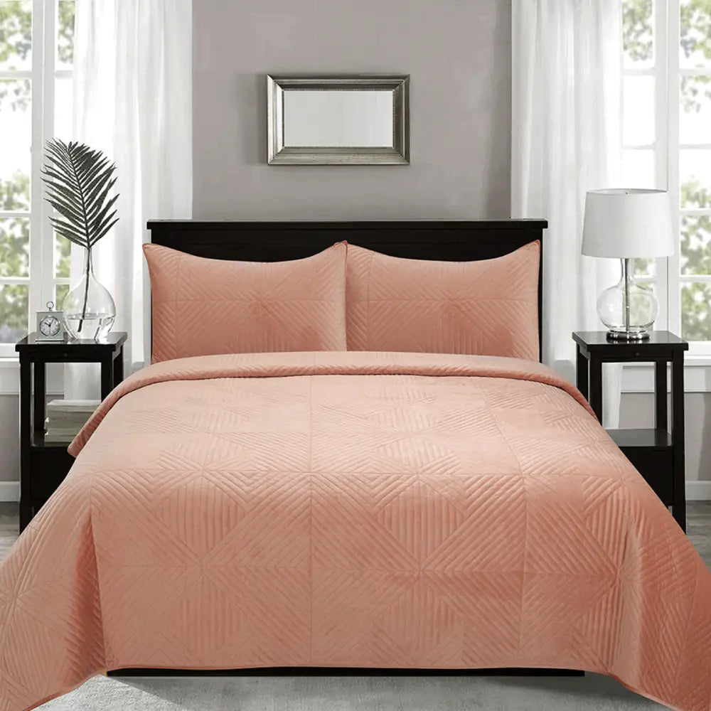 J.Elliot Home Merida Clay Pink Velvet Quilted Coverlet Set Queen/King - Home & Garden > Bedding