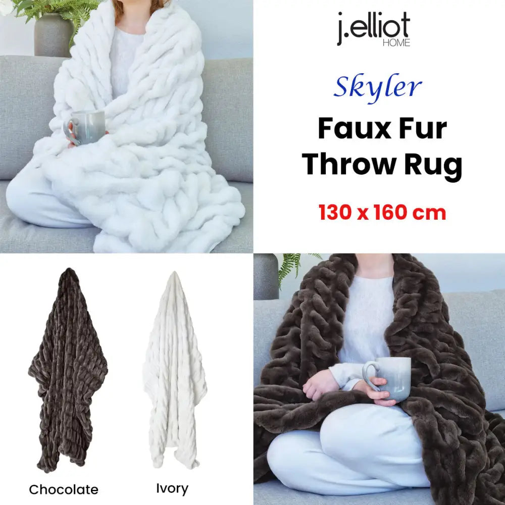 J Elliot Home Skyler Chocolate Faux Fur Throw Rug 130 x 160cm - Home & Garden > Bedding