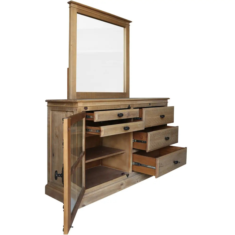 Jade Dresser Mirror 5 Chest of Drawers 1 Door Bed Storage - Natural - Furniture > Bedroom