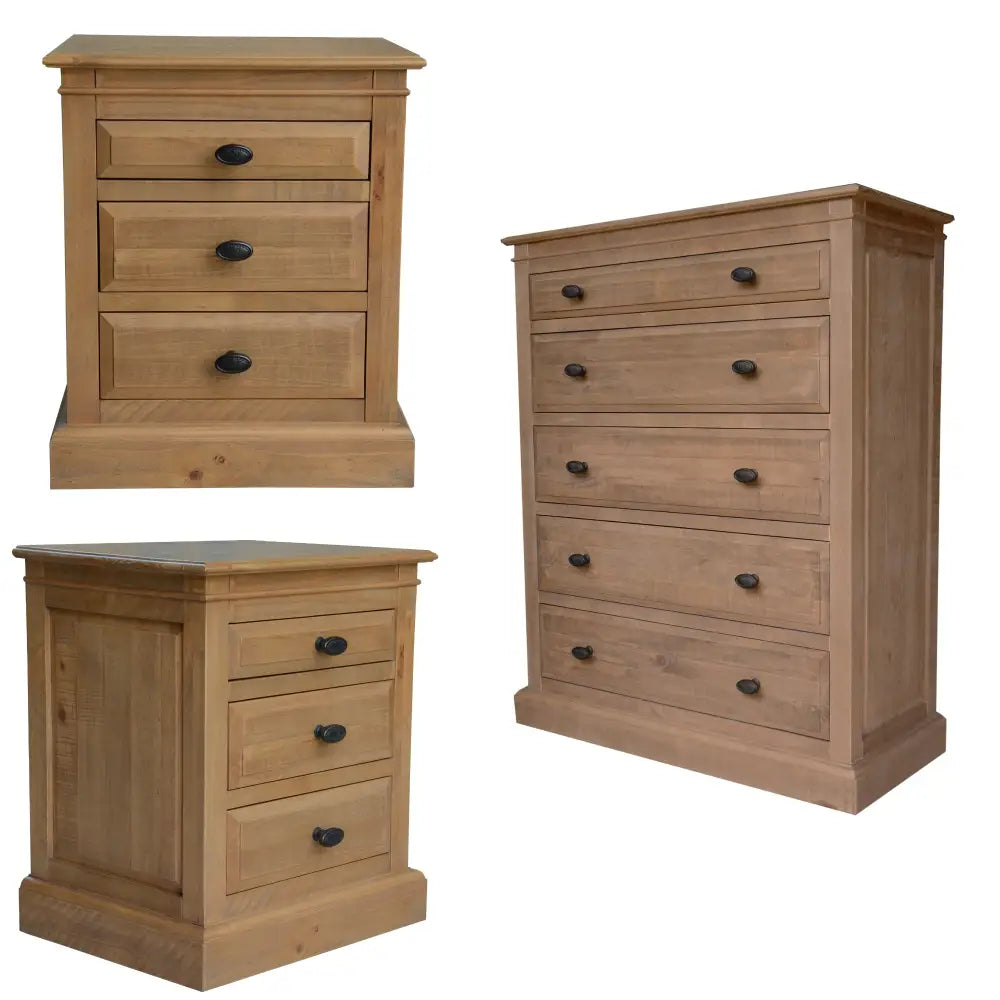 Jade Set of 2 Bedside 5 Drawer Tallboy Bedroom Furniture Package Set - Natural - Furniture > Bedroom