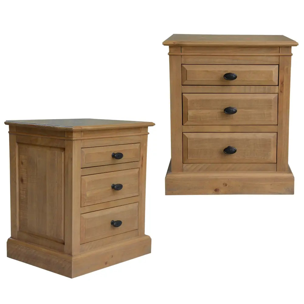 Jade Set of 2 Bedside Table 3 Drawers Storage Nightstand - Natural - Furniture > Bedroom