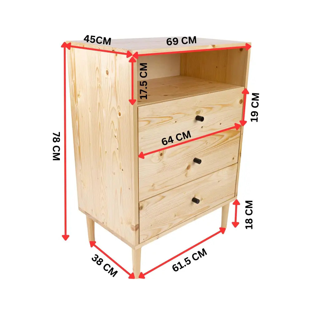 Jamie Tallboy 3 Chest of Drawers Solid Pine Wood Bed Storage - Natural - Furniture > Bedroom