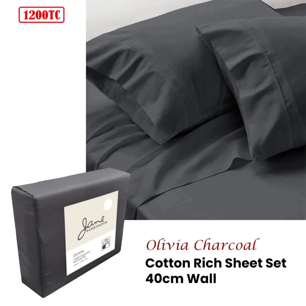 Jane Barrington 1200TC Olivia Cotton Rich Sheet Set 40cm Wall Charcoal King - Home & Garden > Bedding > Bed Sheets