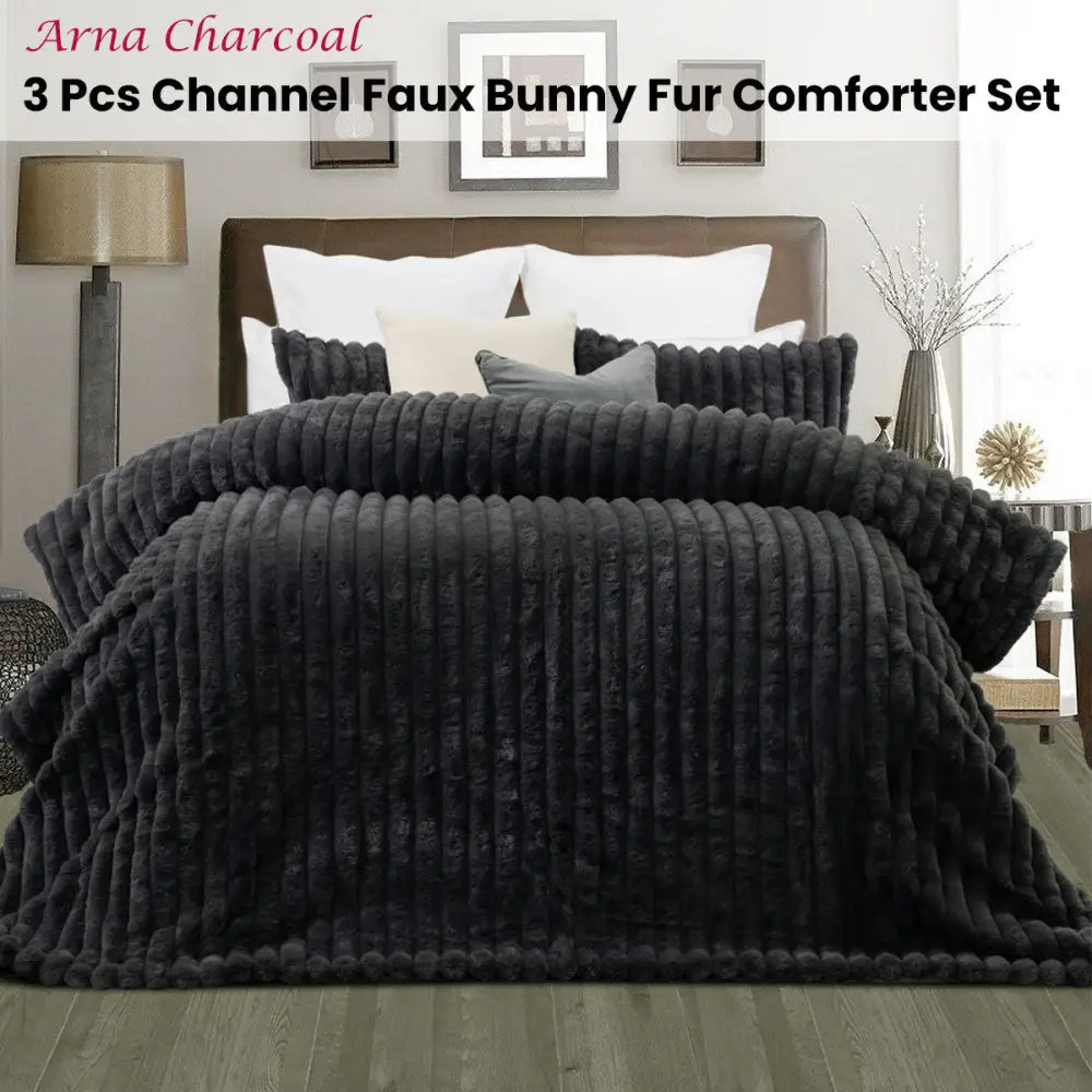 Jane Barrington Arna Charcoal 3 Pcs Channel Faux Bunny Fur Comforter Set King - Home & Garden > Bedding
